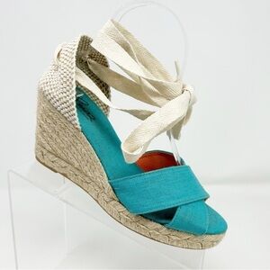 Pinaz Made in Spain Turquoise Blue & White Lace Up Espadrille Wedges Size 38